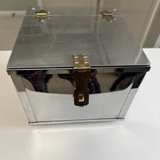 Unique Vintage Square Metal Ice Bucket Attached Lid and Handles Silver