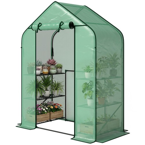 Outsunny Greenhouse for Outdoors, Green, 6 Shelves Greenhouse with PE Cover