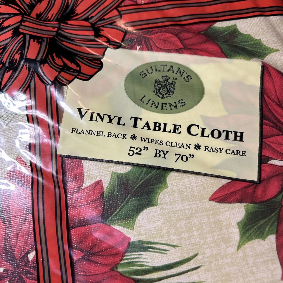 Sultan's Linens Christmas Vinyl Table Cloth 52" x 70" Flannel Back Red Poins… - Image 2 of 4