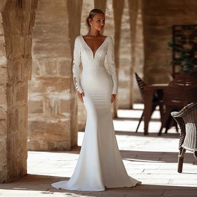Sexy V-Neck Mermaid Wedding Dresses Long Sleeves Satin Appliques Bridal  Gowns | eBay