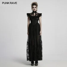 Punk Rave Women Black Goth Flocking Mesh Spliced Flutter Sleeve Long Party Dress