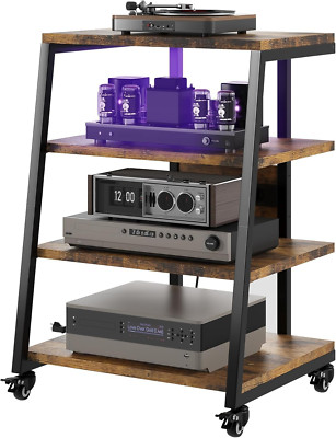 HIFI Ständer Plattenspieler Ständer, 4-stufige Holzregale mit Steckdosenleisten, LED Lig