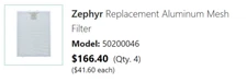 Zephyr Replacement Aluminum Mesh Filter Model: 50200046 Pack of 4
