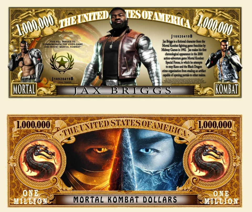 MORTAL KOMBAT / JAX BRIGGS ! BILLET MILLION DOLLAR US ! MK Jeu Video Film Fandom