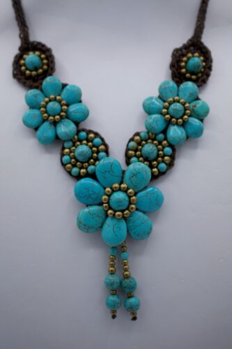 Statement Bib Collar Necklace Weaved Faux Turquois
