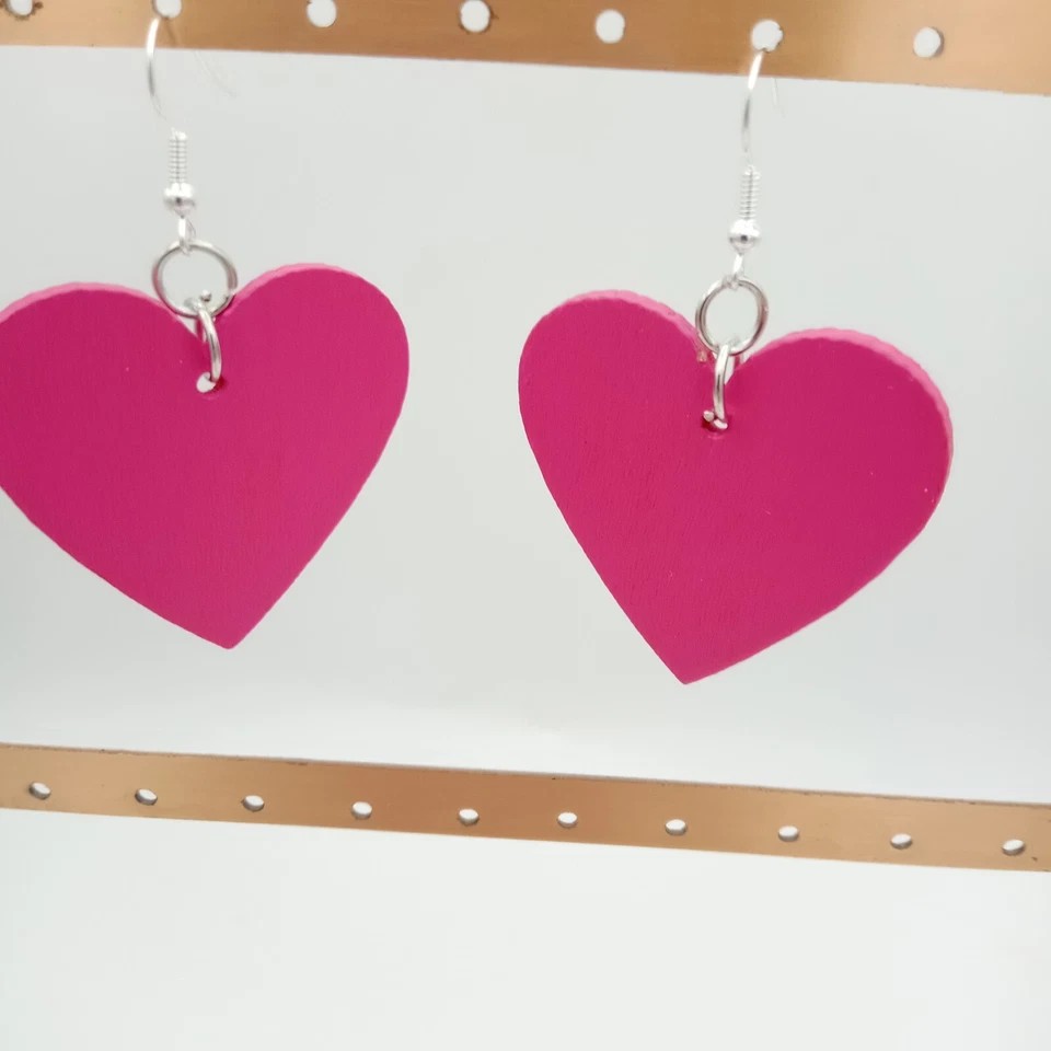 Big Heart Earrings  80s Love Bright pink lightweight Wood Large 5 cm wide boho - Image 4 of 4