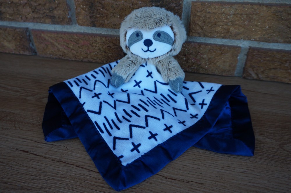 Soft Plush Sloth Baby Blanket in Brown Navy Blue Satin White by Cloud Island