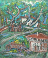 Vintage expressionist oil painting landscape of a forest village