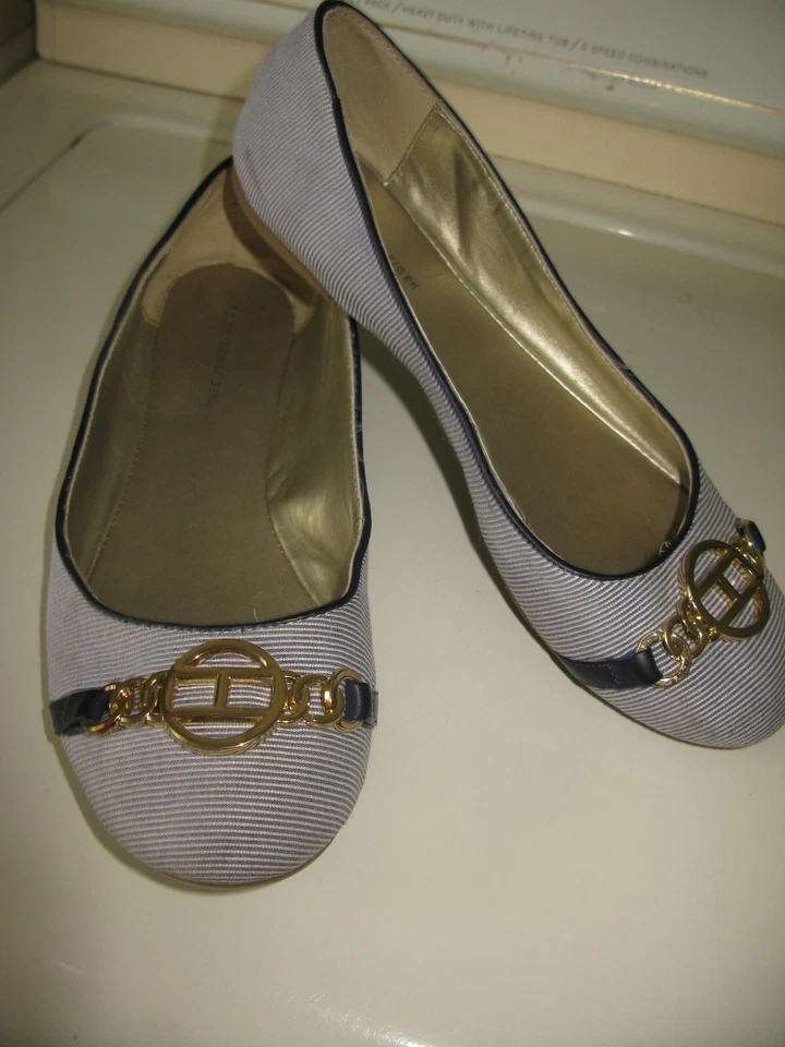 Sapatilhas de balé Tommy Hilfiger femininas barista tamanho 8,5 M listradas azuis brancas - Imagem 4 de 4