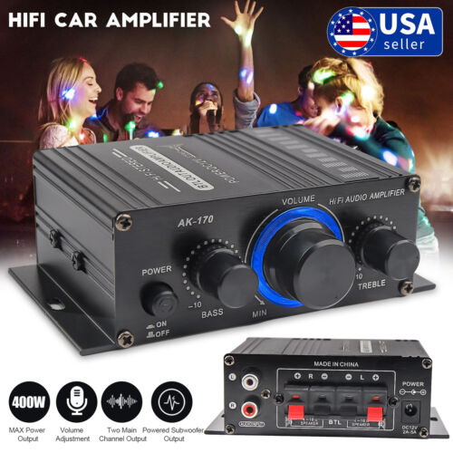 400W 12V 2 Channel Powerful Stereo Audio Power Amplifier HiFi Bass Amp Car Home