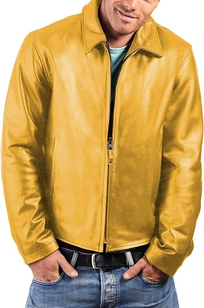 Homme Jaune Veste Cuir 100 Veritable Agneau Cuir Decontracte Manteau
