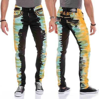 Cipo & Baxx Herren Jeans Regular Slim Nähte Hose Gelb Goldene Nieten Batik Look