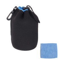 Camera Lens Pouch, 4" ID x 6" H Drawstring Plush Lens Pouch, Black/Blue