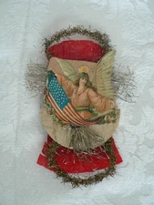 1900 Rare Tinsel Lady Liberty Christmas Feather Tree Ornament w/USA Flag