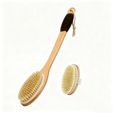 Wood Curved Bath Brush Shower Brush with Curved Long Handle, 16.7 Inch,