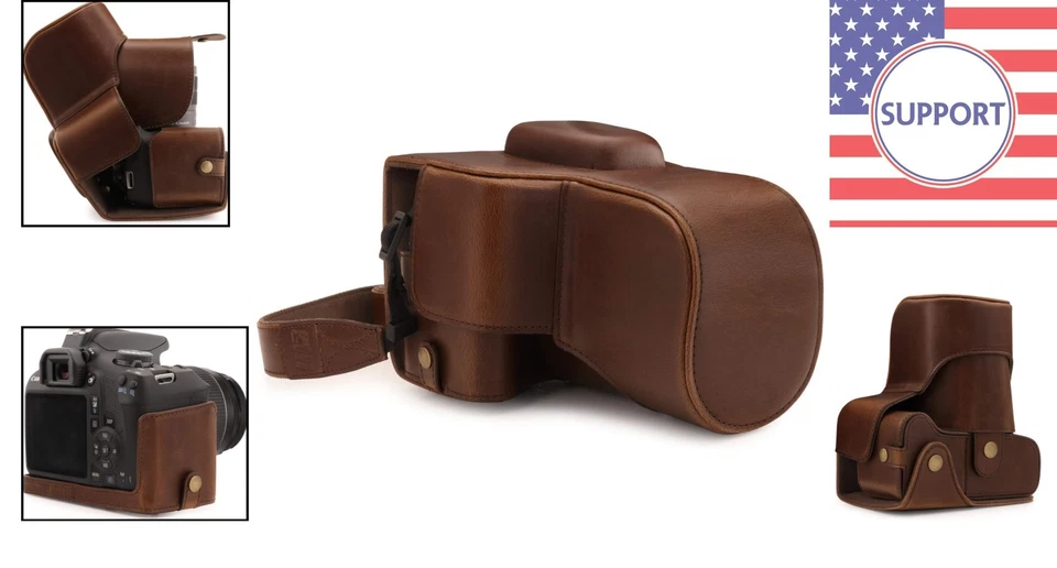 Elegante Funda de Cuero Marrón Oscuro para Cámara Canon EOS Rebel T7 - Acceso Rápido Foto 2 de 4