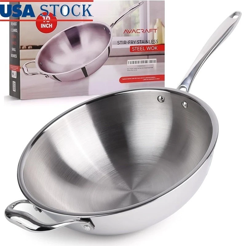 Tri-Ply Stainless Steel Wok Induction Safe Non-Toxic Stir Fry Cookware New