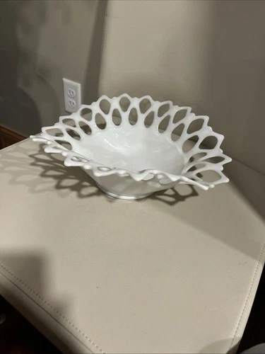 VTG WESTMORELAND  13” MILK GLASS DORIC OPEN LACE Oval Fruit Bowl CUTOUT EDGE