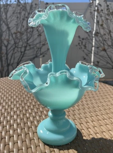 Fenton Turquoise Silver Crest Single Horn Epergne. No Damage.