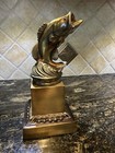 Vintage 1970s Metal Fishing Trophy Bronze Color Pot Metal 11.5” H x 5.5” Sq Base — photo 1