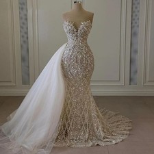Beaded Pearl Crystal Mermaid Prom Dress With Detachable Train Arabic Stapless