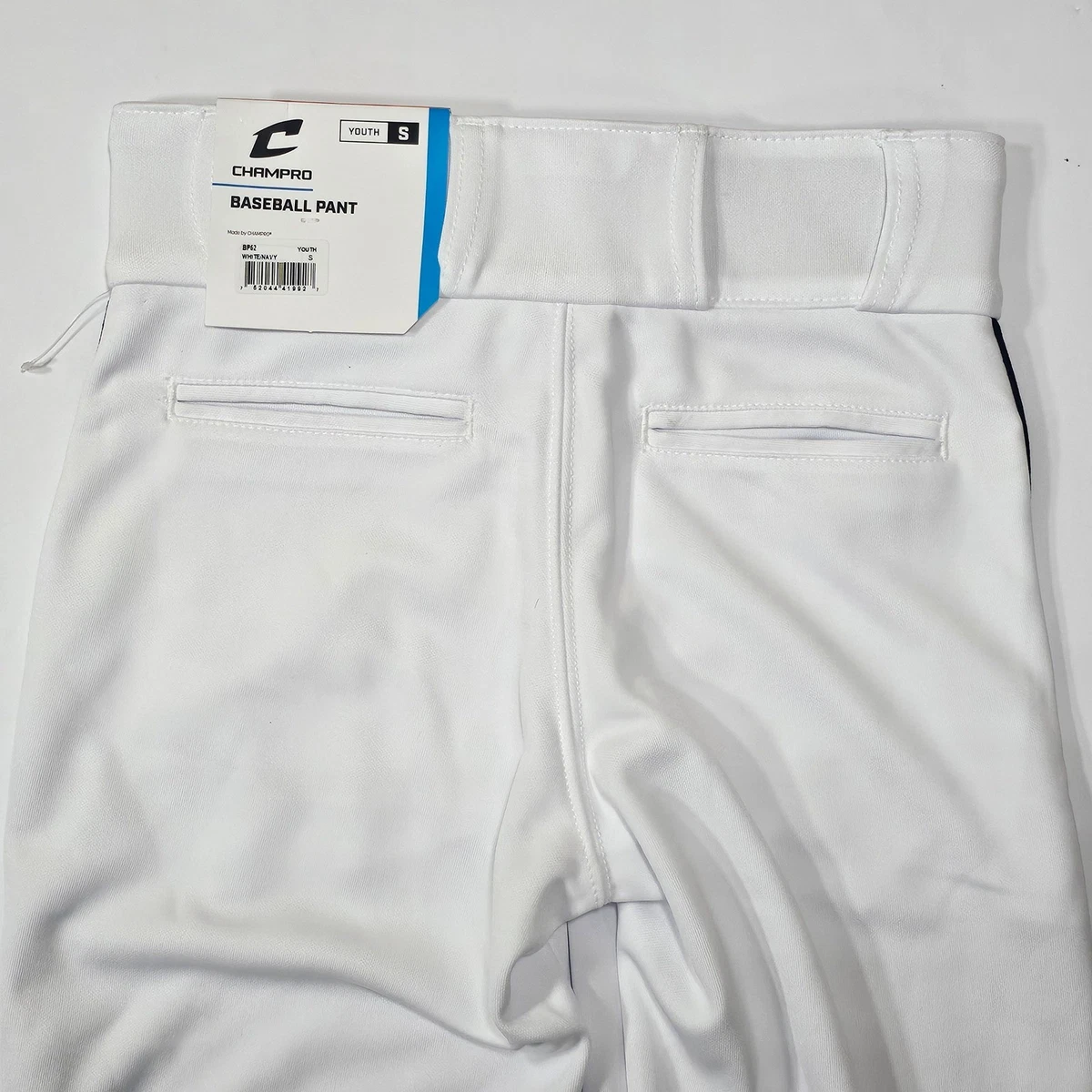 Champro BP62 Youth Small White Baseball Pants Navy Blue Side Stripe NWT