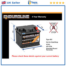 Car Battery 063 Enduroline 063 425A 45Ah 4Yr Warranty 210x175x175