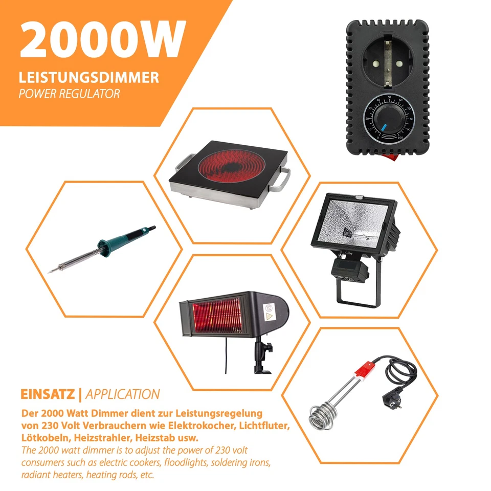 Dimmer 2000W Drehzahlregler Drehregler Drehzahlsteller Leistungsregler 2KW 230V - Bild 3 von 4
