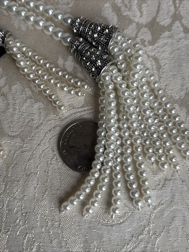 Park Lane 3” Faux Pearl Tassel Earrings & Slip Knot Lariat Antique Silver Tone - Picture 6 of 20
