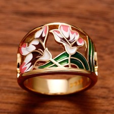 Gold-plated Open Cut Enamel Flower Ring Size 6 - 10