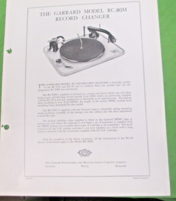 GARRARD MODEL  RC 80 M TURNTABLE ORIGINAL GARRARD   SALES  SHEET & INFO