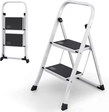 Steel Folding 2-Step Stool Ladder Adults With Soft-Grip Handle 330 Lbs White