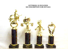 4 HALLOWEEN TROPHIES PUMPKIN, SCARECROW, WITCH, ZOMBIE TRUNK OR TREAT ...BLACK