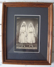 Antique Vintage First Communion Portrait of Two Girls Framed and Matted 9x11