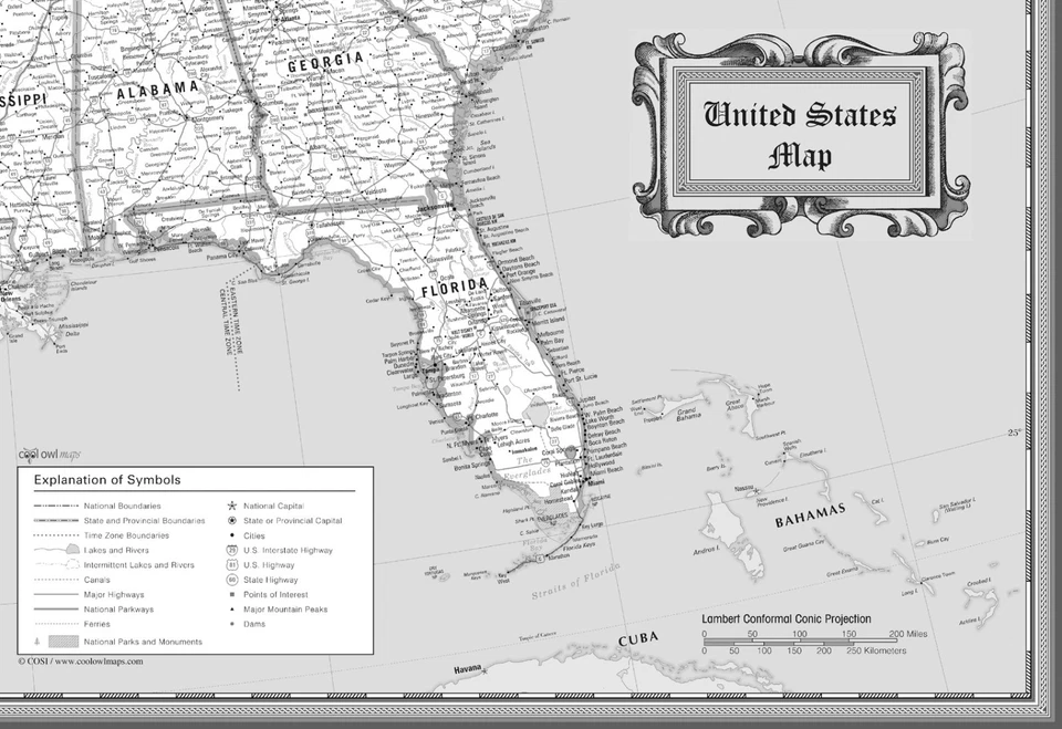 Póster clásico de mapa de pared en blanco y negro de Estados Unidos - papel laminado de 36"x24" Foto 2 de 2