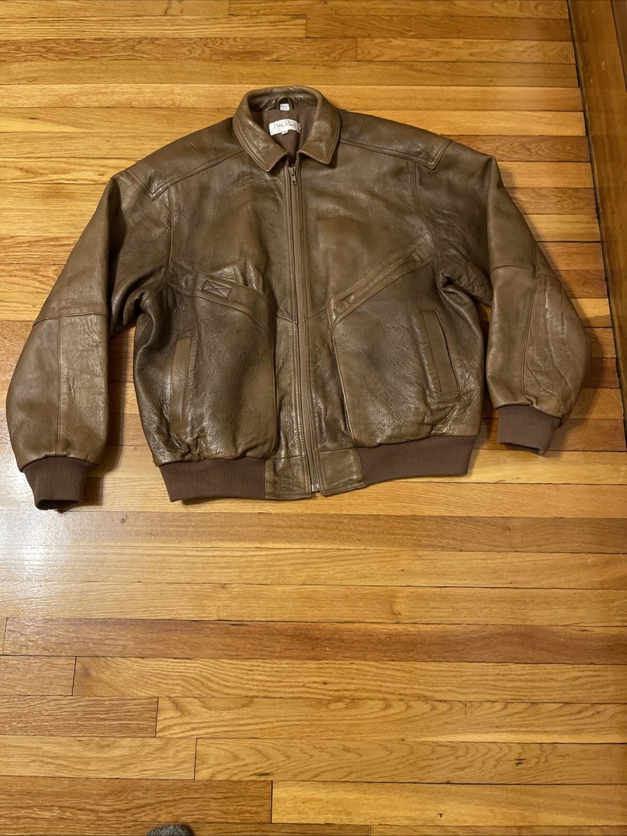 VTG Philippe Monet Brown Soft Leather Bomber Jacket Men's Size 46L