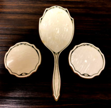 Vintage Art Deco Celluloid Bakelite Pearlized Dresser Vanity Set/Mirror/2 Jars