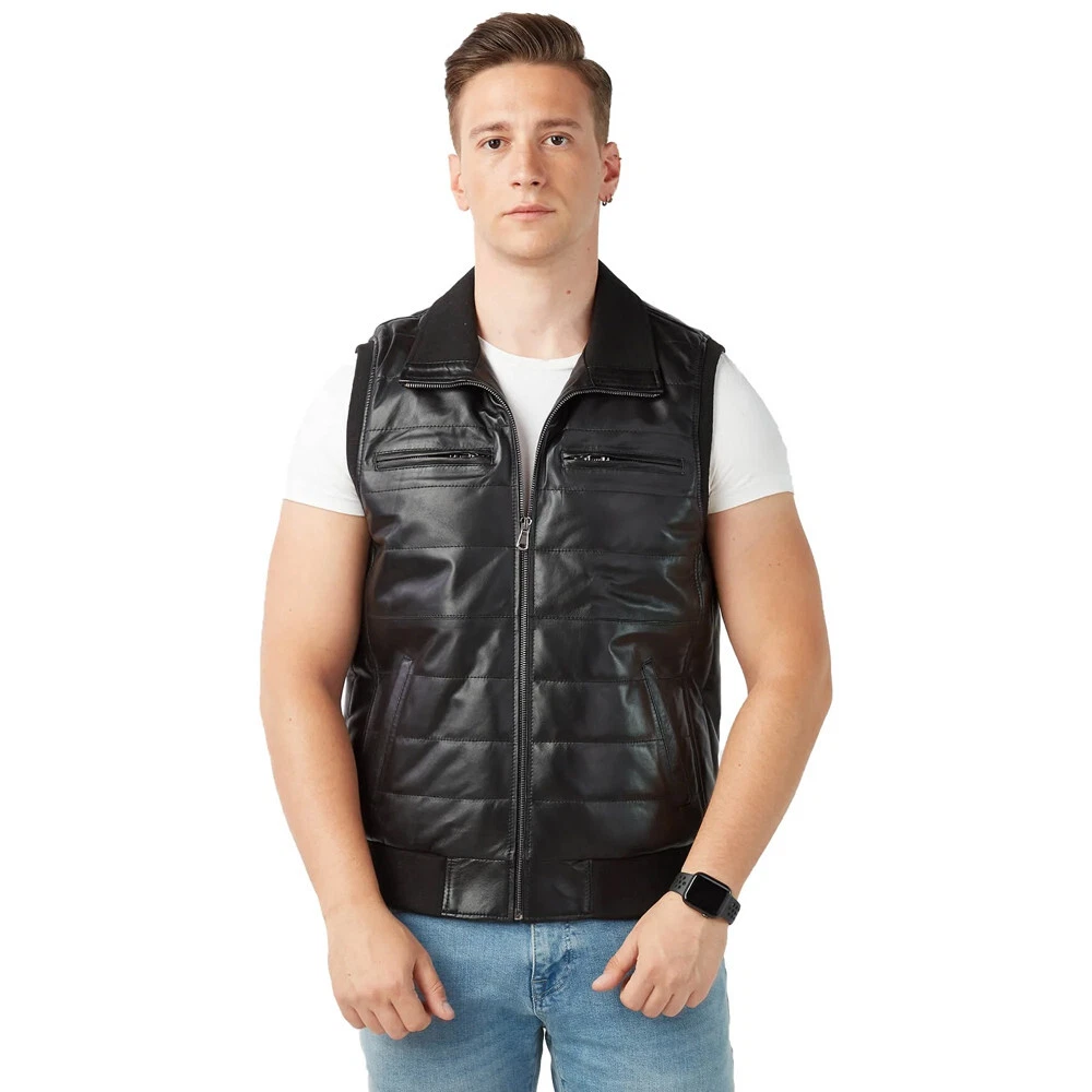 Men's Real Lambskin Leather Vest Black Zip Puffer Style Sleeveless Jacket