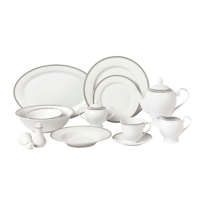Elegant 57 Pieces Porcelain Dinnerware Set for 8 People - Alyssa, Silver Border