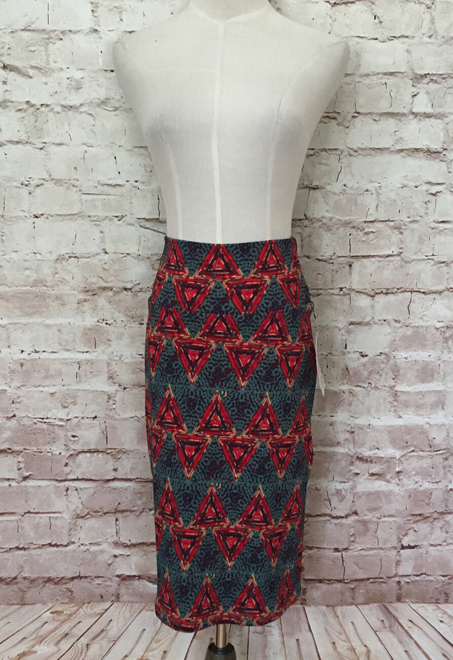 LuLaRoe CASSIE Pencil Skirt Size XS Teal Green Red Geometric Triangle Print NEW