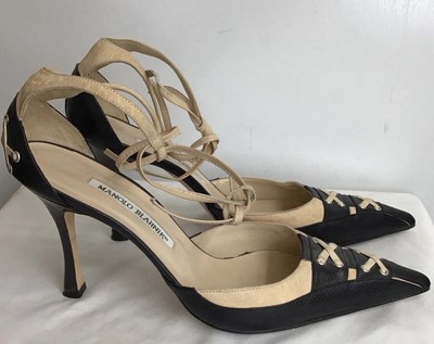 Manolo Blahnik Heel Black/ Nude Point Toe Ankle Tie Strap Stitch Toe Size 38