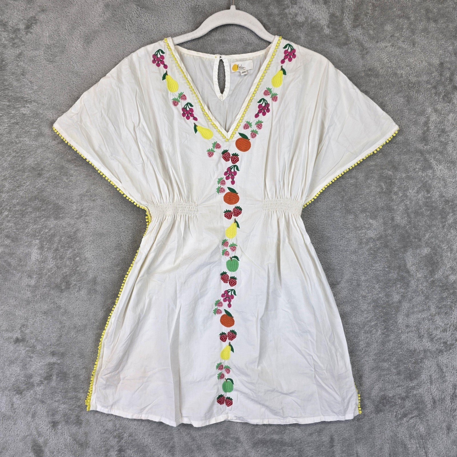 Boden Kaftan Dress Girls 13-14Y White Embroidered Fruit V Neck Summer Cover Up