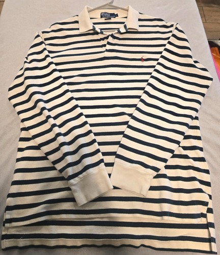Polo Ralph Lauren Rugby Shirt Large, Long Sleeve, 90s/Y2k Vintage White Striped