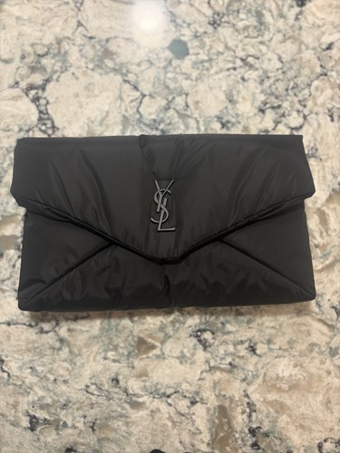 Saint Laurent Cassandre Logo-appliquéd Padded Shell Clutch In Black