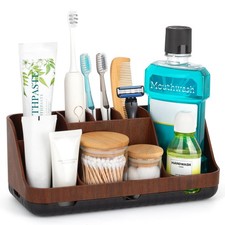 GFWARE Wood Toothbrush Holders for Bathroom Organizer with Large, Brown