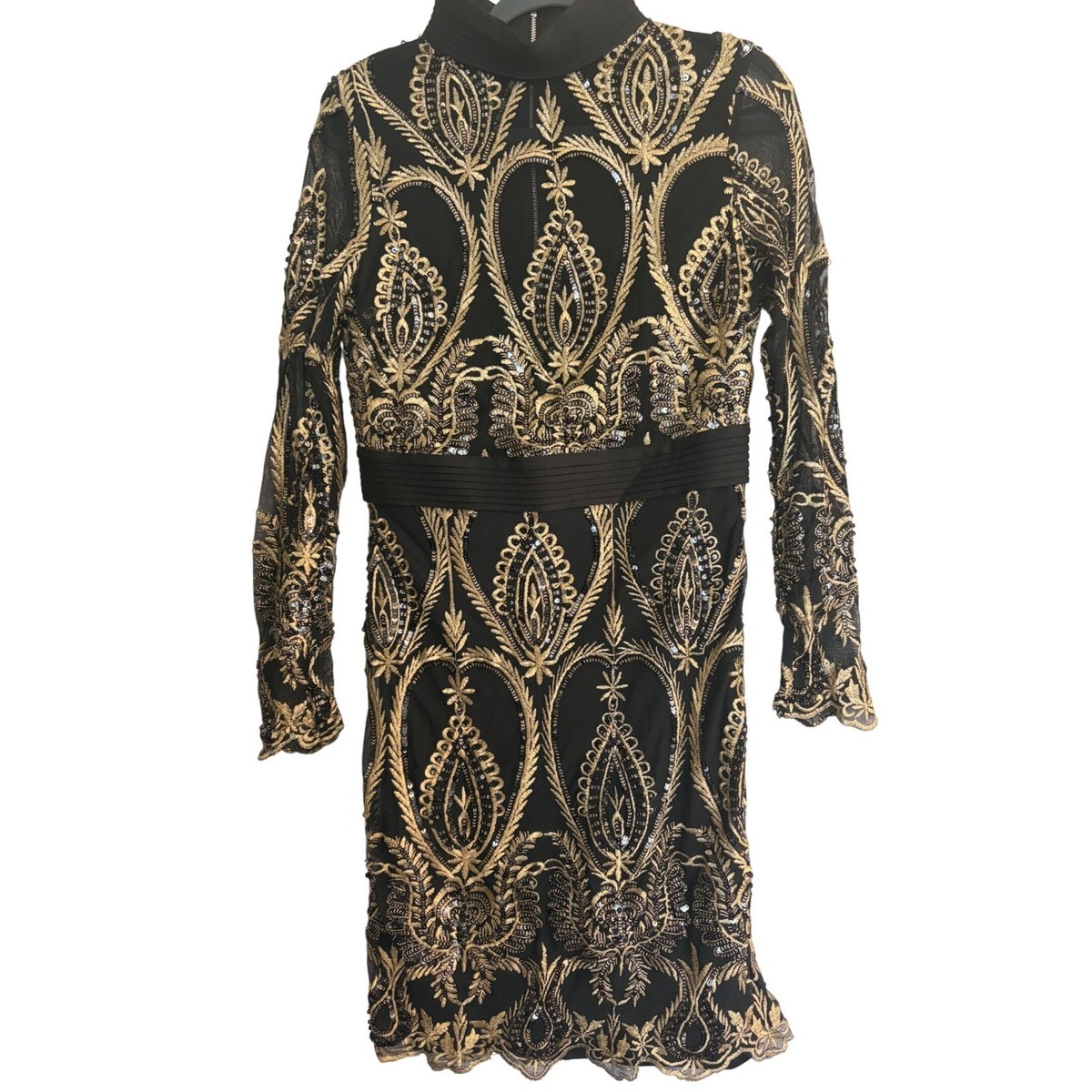 New Formal Sexy Lemon Drop Shear Midi Dress Black Gold Sequin Embroidered  Large | eBay