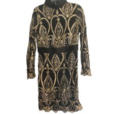New Formal Sexy Lemon Drop Shear Midi Dress Black Gold Sequin Embroidered Large