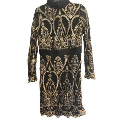 New Formal Sexy Lemon Drop Shear Midi Dress Black Gold Sequin Embroidered  Large | eBay
