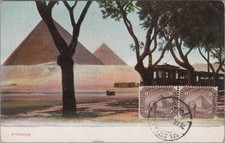 Cairo Pyramids Lithograph Postcard with Egyptian Stamps
