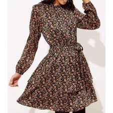 Loft Black Shimmer Floral Ruffle Flare Mini Dress US Womens S Petite New